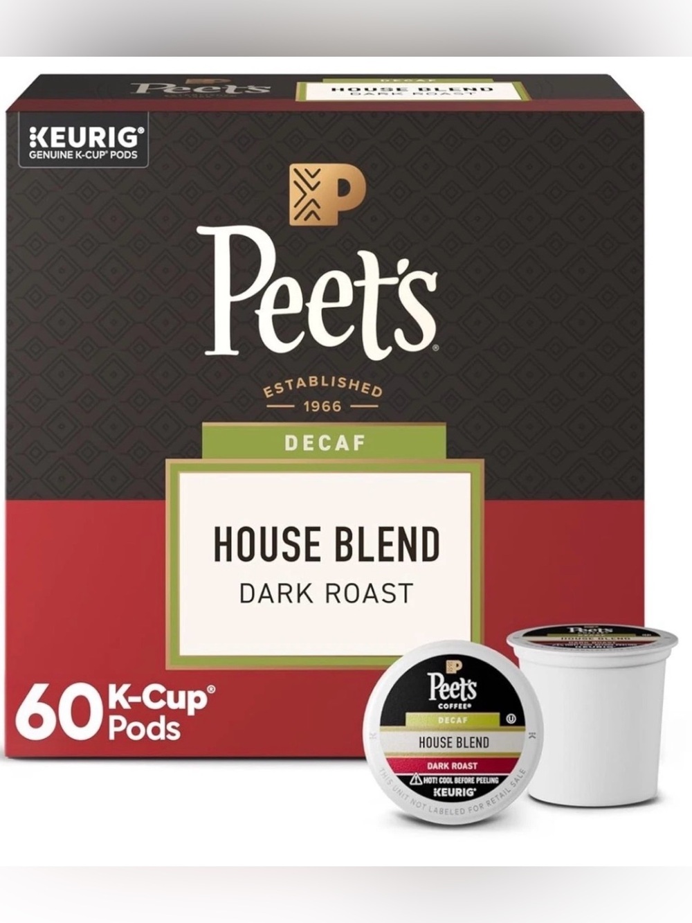 Peet’s Decaf House Blend K Cup Pods 60 Ct Dark Roast Arabica Coffee